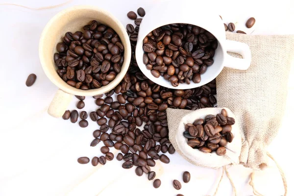 Coffee Cup Coffee Beans Close Background — Stok fotoğraf