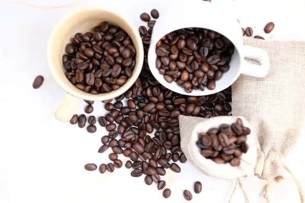 Coffee Cup Coffee Beans Close Background — Fotografia de Stock