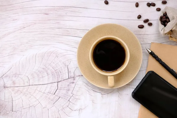 Taza Café Sobre Tabla Madera Espacio Fondo Para Texto — Foto de Stock