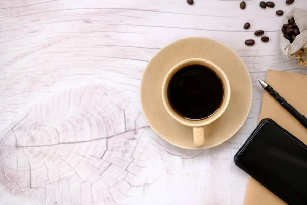 Taza Café Sobre Tabla Madera Espacio Fondo Para Texto — Foto de Stock