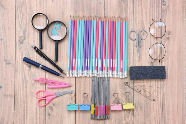 Vuelta Escuela Concepto Con Artículos Papelería Para Escuela Sobre Fondo — Foto de Stock