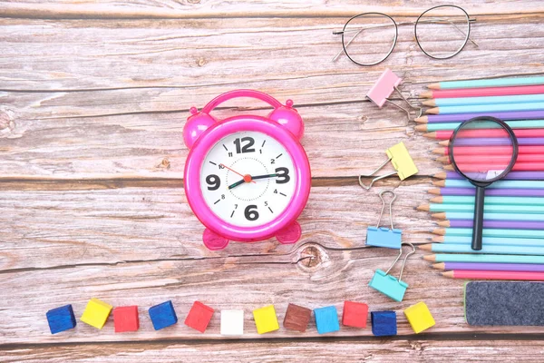 Terug Naar School Artikelen Voor School Een Houten Tafel Achtergrond — Stockfoto