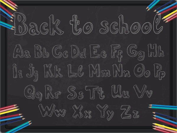 Назад Шкільного Банера Мультиплікаційним Шрифтом Темний Фон Дошки Розшифровка Doodle — стокове фото