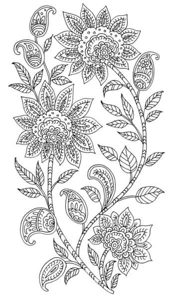 Fleurs Feuilles Dessinées Main Style Paisley Fond Blanc — Photo