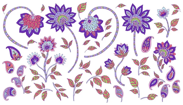 Handritade Blommor Och Blad Paisley Style Vit Bakgrund — Stockfoto