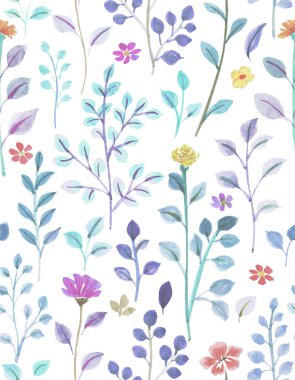 Suluboya Çizimi Kusursuz Desen, Çiçekler ve Yapraklar