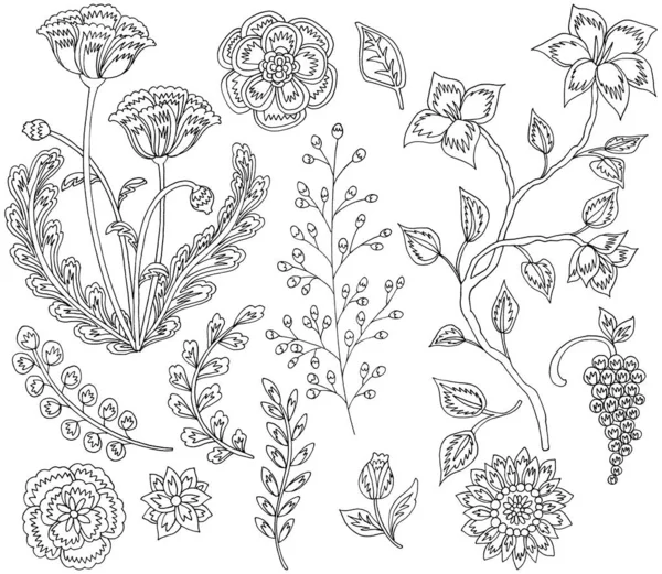 Hand-drawn flowers and leaves, Paisley Style, white background