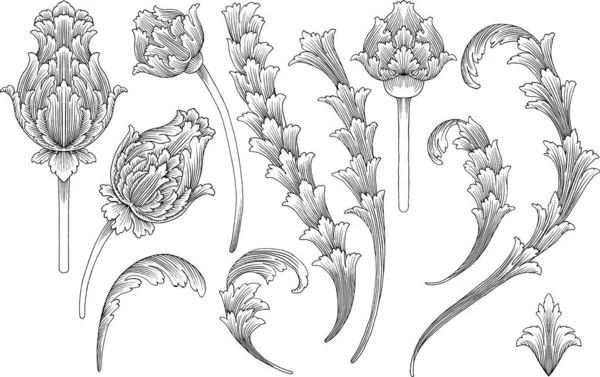 Χειροποίητα Λουλούδια Και Φύλλα Στυλ Paisley Λευκό Φόντο — Φωτογραφία Αρχείου