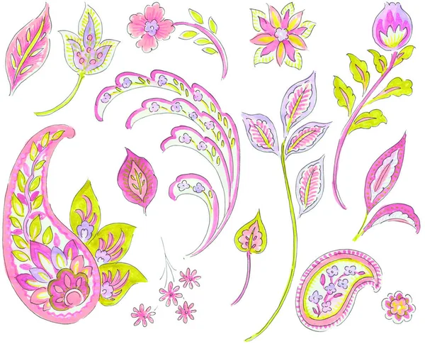 Paisley Desenhado Mão Estilo Flores Folhas Aquarela Sobre Fundo Branco — Fotografia de Stock