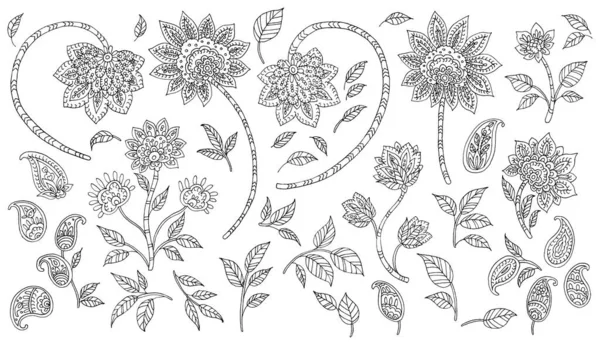 Handritade Blommor Och Blad Paisley Style Vit Bakgrund — Stockfoto