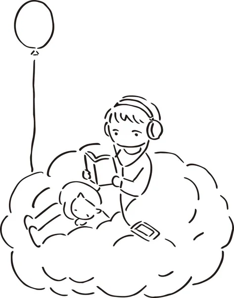 Расслабьтесь Векторная Иллюстрация Чтение Книг Прослушивание Музыки Кошкой Сидя Облаке — стоковый вектор