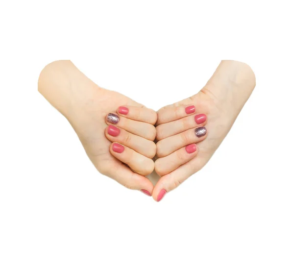 Donna che applica smalto rosso le unghie manicure su sfondo bianco isolato — Foto Stock