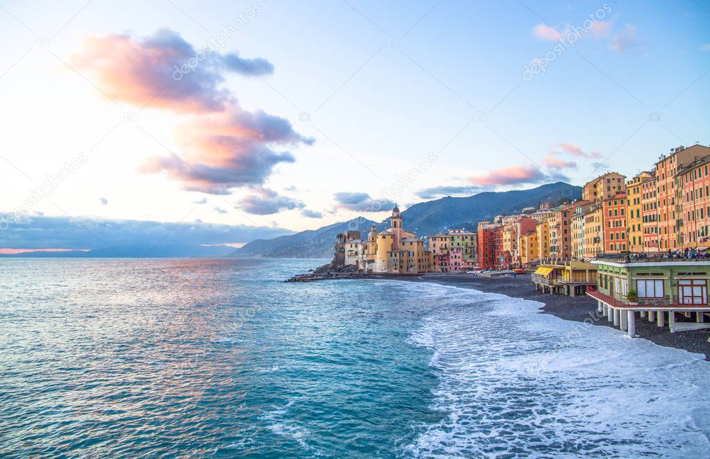 Beautiful Small Mediterranean Town at the evening time at sunset - Camogli (Genoa), Italy, European travel
