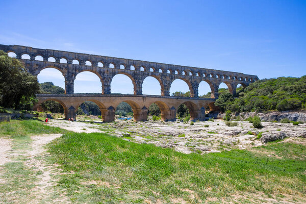 Pont du Gard, a part of Roman aqueduct in southern France near Nimes, South France, Europe;