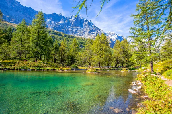 View Blue Lake Lago Blu Breuil Cervinia Val Aosta Italy — Stock Photo, Image