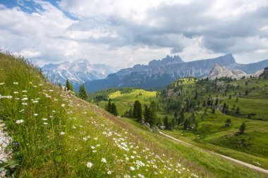 Çiçekli beş kuleleri tepeler, Nuvolau Grup, oryantal Dolomites, çevresinde dağlar ile flied yakınındaki ünlü kış ve yaz şehir yer Cortina d'Ampezzo, Veneto, İtalya.