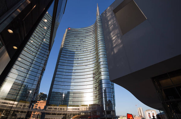 View of the Unicredit Tower, in Gae Aulentis Square, the buisness area near Garibaldi train Station. Italy.