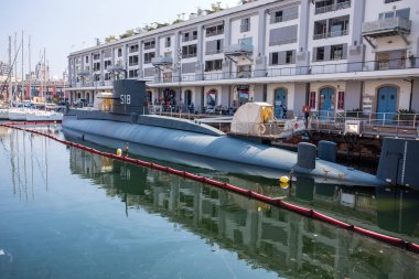 GENOA (Genova), ITALY, APRIL 12, 2017 - Nazario Sauro 518 submarine is a diesel-powered submarine of the Italian Navy. It is currently a museum ship moored in the ancient port of Genoa, Italy clipart
