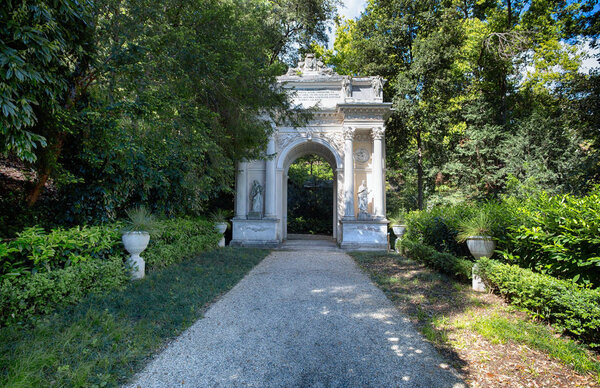 GENOA, (GENOVA), APRIL 28, 2017 - Villa Durazzo- Pallavicini, The Arch of Triumph in Genoa Pegli, Italy