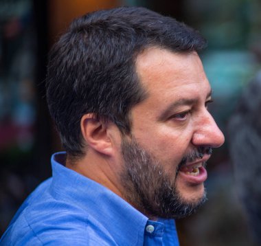Genoa (Genova), İtalya, 23 Haziran 2017 - Matteo Salvini, Kuzey Ligi Sekreteri parti seçim kampanyası sırasında valinin Genova, İtalya
