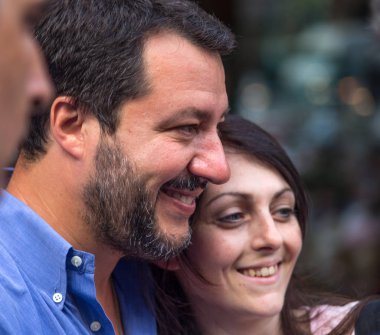 Genoa (Genova), İtalya, 23 Haziran 2017 - Matteo Salvini, Kuzey Ligi Sekreteri parti seçim kampanyası sırasında valinin Genova, İtalya