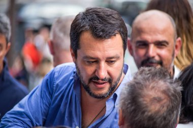 GENOA (GENOVA), ITALY, JUNE 23, 2017 - Matteo Salvini, the secretary of the Northern League party during the election campaign for the mayor of Genova, Italy clipart