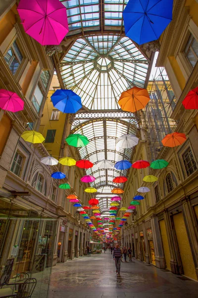 Genoa Italy April 2018 Multicolored Umbrellas Sky Galleria Mazzini Center — Stock Photo, Image