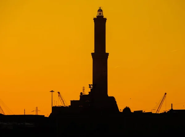 Silhouette Lanterna Lighhouse City Genoa Genova Symbol City Port Sunset — Stock Photo, Image