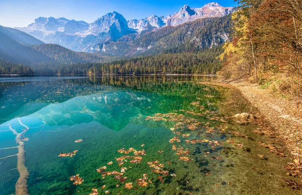 Sonbahar manzarası Tovel Gölü, Val di Non içindeki Adamello Brenta Tabiat Parkı, Trentino Alto Adige, İtalya.