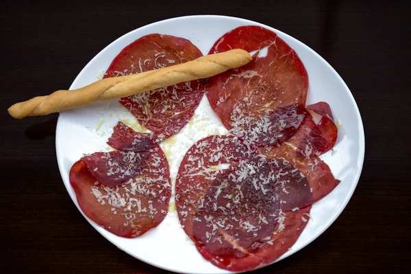 Bresaola Italian Dish Raw Beef Cured Salting Air Drying Served — Stock Photo, Image