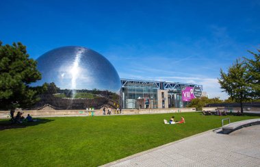 PARIS, FRANCE, SEPTEMBER 9, 2018 - The Geode at City of Science and Industry in the Villette Park, Paris, France clipart