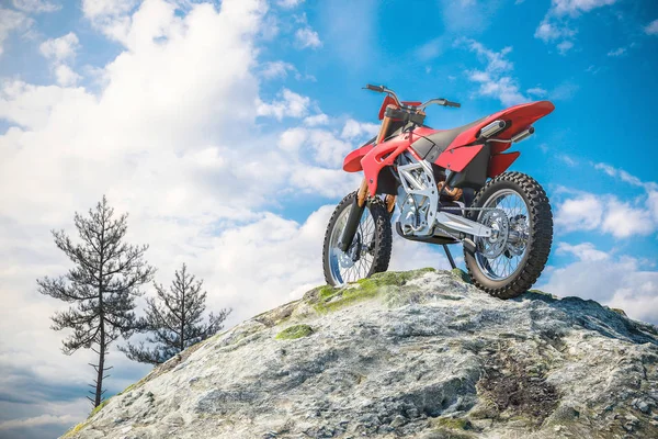 Red motorcycle on top of mountain landscape. 3d render