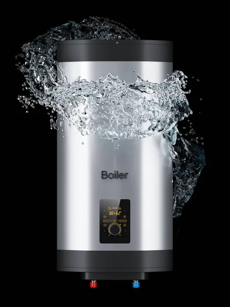 Electric boiler tank and water flow around isolated on black background 3d
