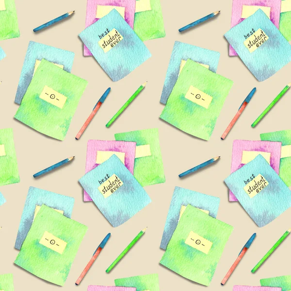 Seamless pattern made of watercolor painted school accessories on beige background. — Stock Photo, Image