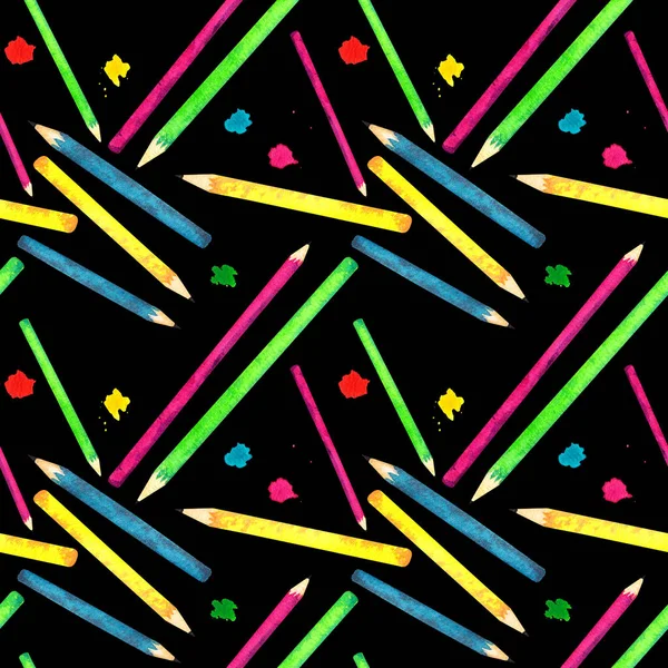 Seamless pattern made of watercolor painted school accessories on black background. — Stock Photo, Image
