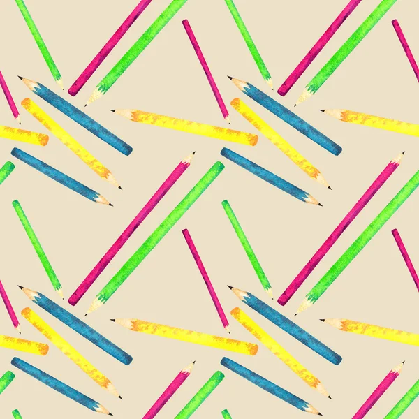 Seamless pattern made of watercolor painted school accessories on beige background. — Stock Photo, Image
