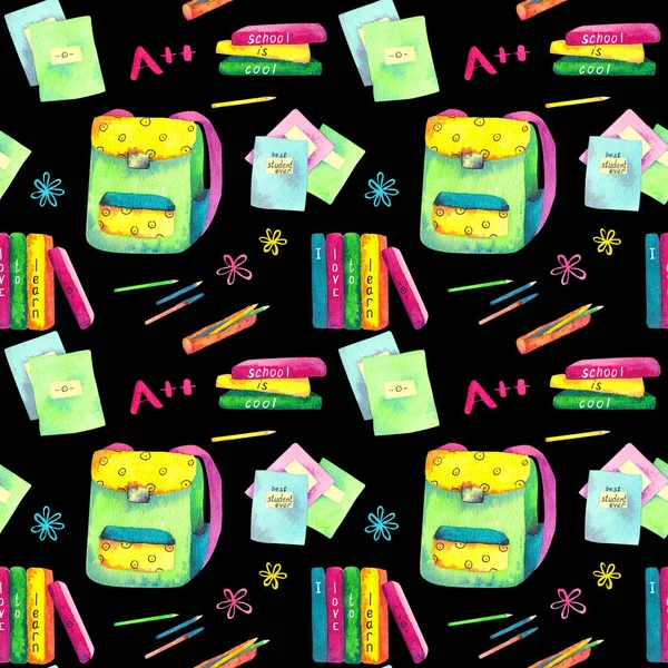 Seamless pattern made of watercolor painted school accessories on black background.