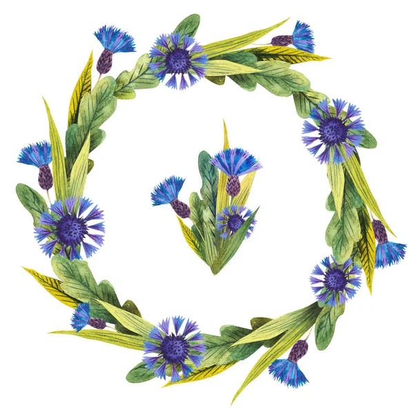 Corona de acuarela dibujada a mano hecha de flores silvestres de prado: acianos azules, hierbas silvestres aisladas en blanco . — Foto de Stock