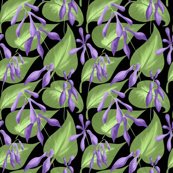 葉と黒の背景に擬宝珠の花のシームレスなパターン デジタル イラストレーション — ストック写真