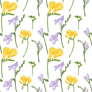 Renkli frezya çiçek ve tomurcukları ile Seamless modeli. Kumaş duvar kağıdı yazdırma doku beyaz arka plan üzerinde.