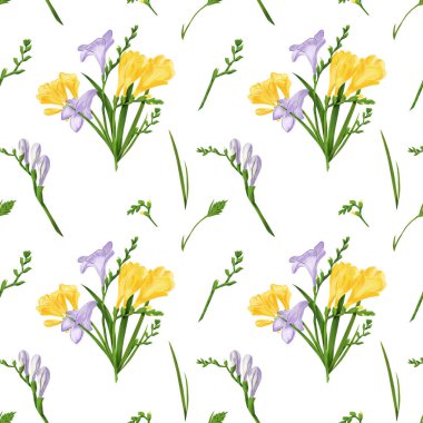 Renkli frezya çiçek ve tomurcukları ile Seamless modeli. Kumaş duvar kağıdı yazdırma doku beyaz arka plan üzerinde.