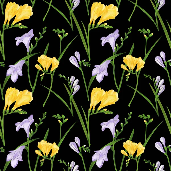 Naadloze patroon met kleurrijke fresia's en grassen. Structuur behang textuur op zwarte achtergrond afdrukken. — Stockfoto