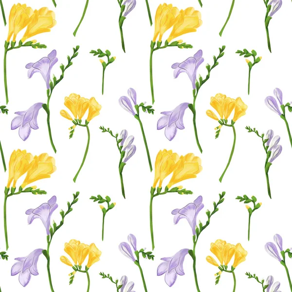 Seamless pattern with colorful freesia flowers and buds. Fabric wallpaper print texture on white background. — Stock Photo, Image