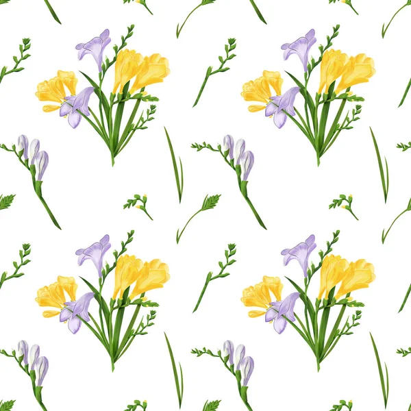 Naadloze patroon met kleurrijke freesia bloemen en knoppen. Structuur behang afdrukken textuur op witte achtergrond. — Stockfoto