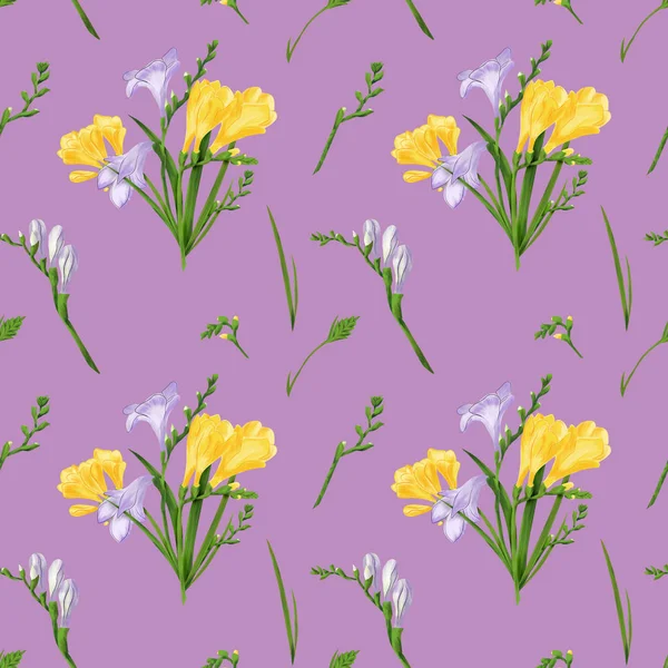 Seamless pattern with colorful freesias and grasses. Fabric wallpaper print texture on dusty pink background. — Stock Photo, Image
