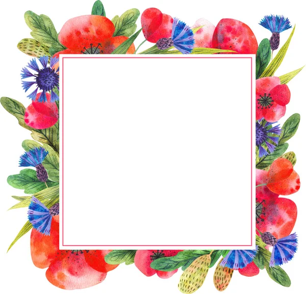 Pintado en blanco acuarela flor marco cuadrado frontera fondo . — Foto de Stock