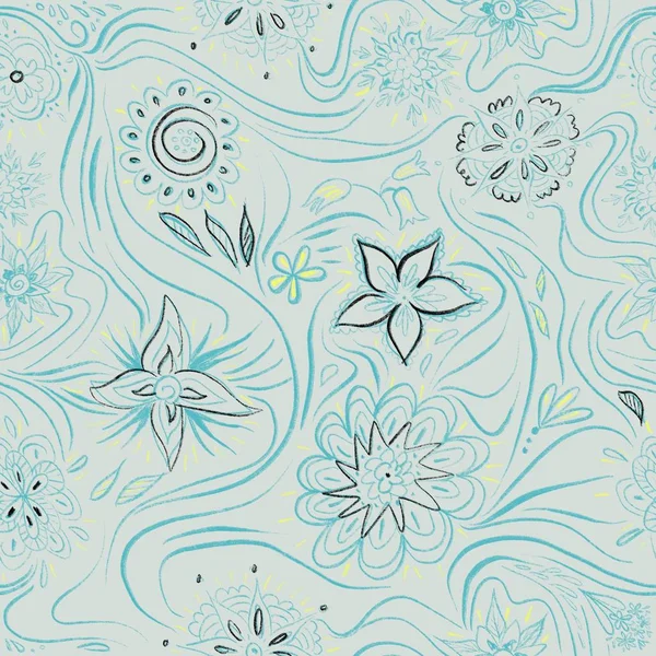 Naadloze patroon met bloemen en kronkelende lijnen. Etnische, bloemen, retro, doodle, tribal ontwerpelement — Stockfoto