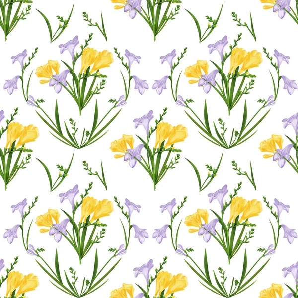 Naadloze patroon met kleurrijke freesia bloemen en knoppen. Stof wallpaper textuur witte achtergrond. Digitale afbeelding — Stockfoto
