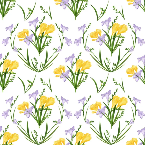 Padrão sem costura com flores freesia coloridas e botões. Tecido papel de parede textura fundo branco. Ilustração digital — Fotografia de Stock