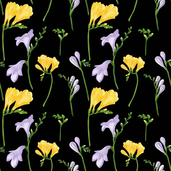 Seamless mönster med färgglada fresia blommor och knoppar. Tyg tapet textur svart bakgrund. Digital illustration — Stockfoto